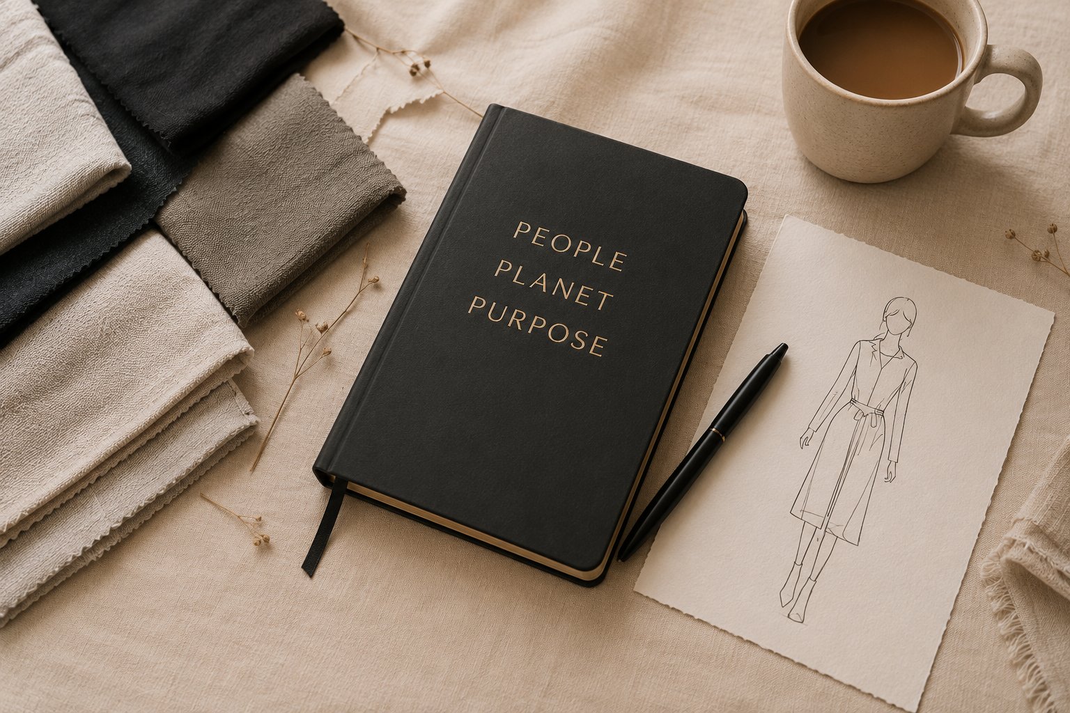 People. Planet. Purpose. notebook with fabric swatches and a fashion sketch