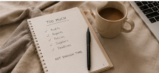 Notebook listing audits, reports, policies, suppliers and deadlines — too much, not enough time