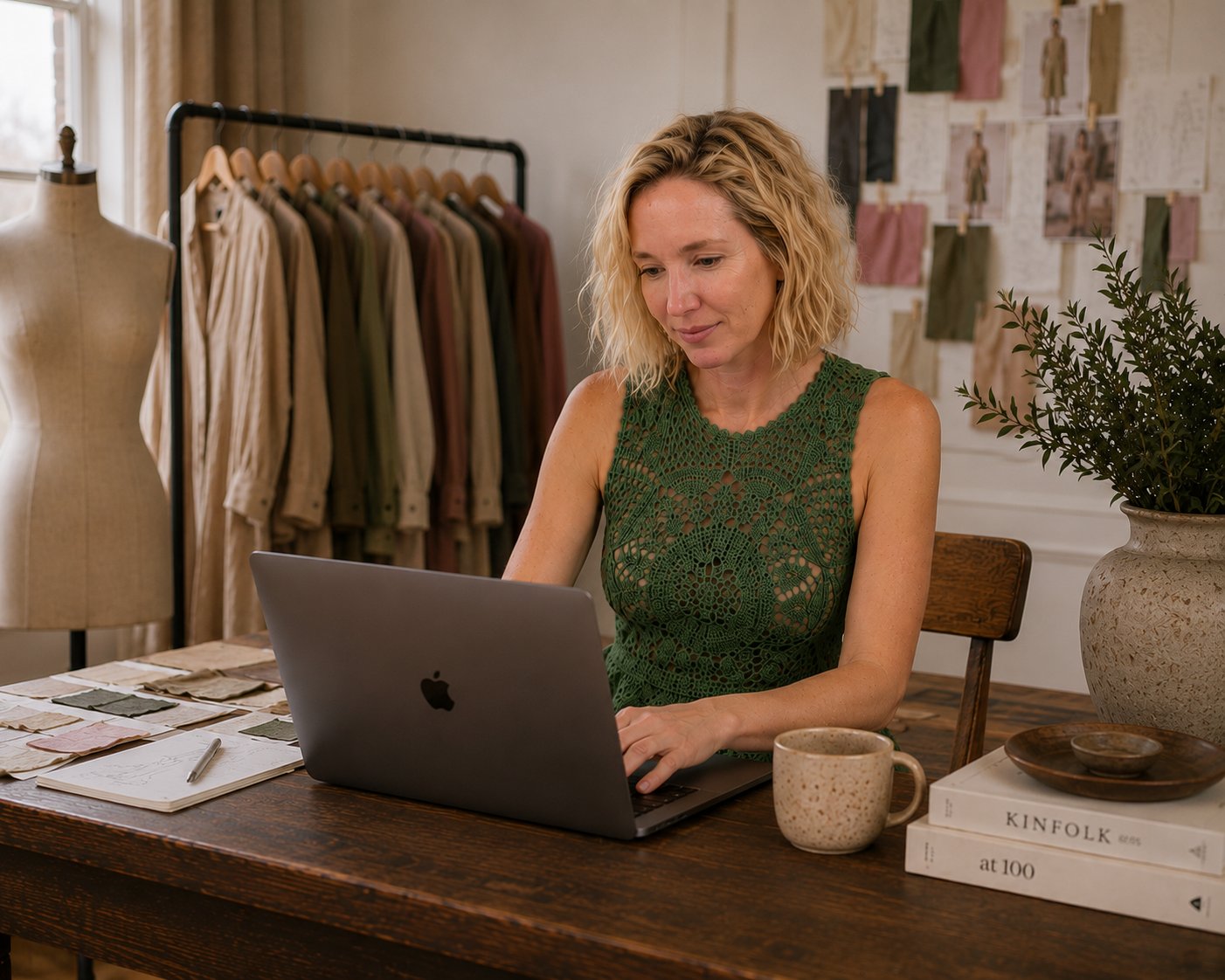 Nicole Bennett working at her laptop in the studio