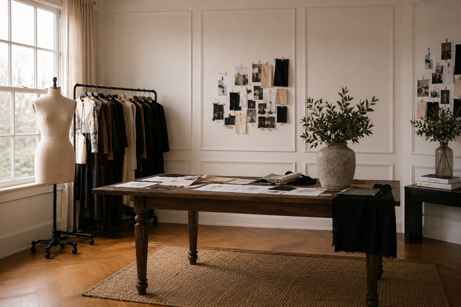 Fashion atelier with garment rail, mood board and design table